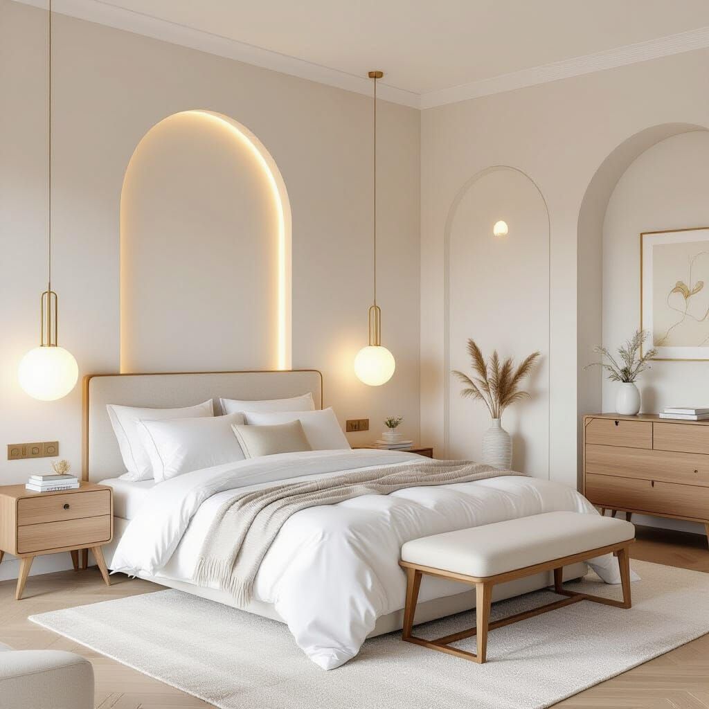 Serene Greek-Style Bedroom with Golden Accents