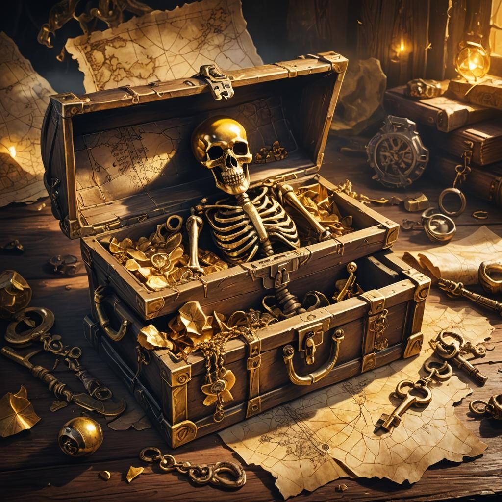 Gold Treasure Chest with Map in Fantasy Style