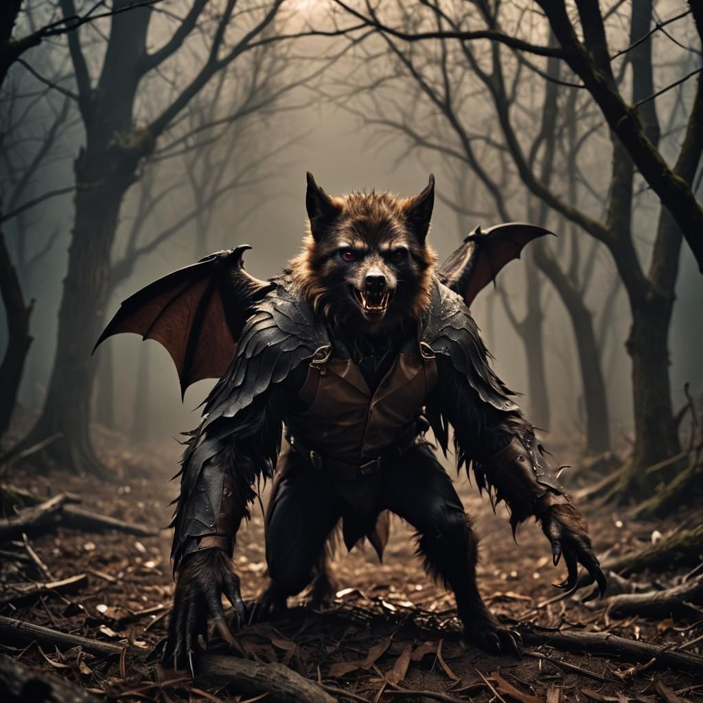 Dramatic Film Still of a Vampire Bat-Wolf Hybrid
