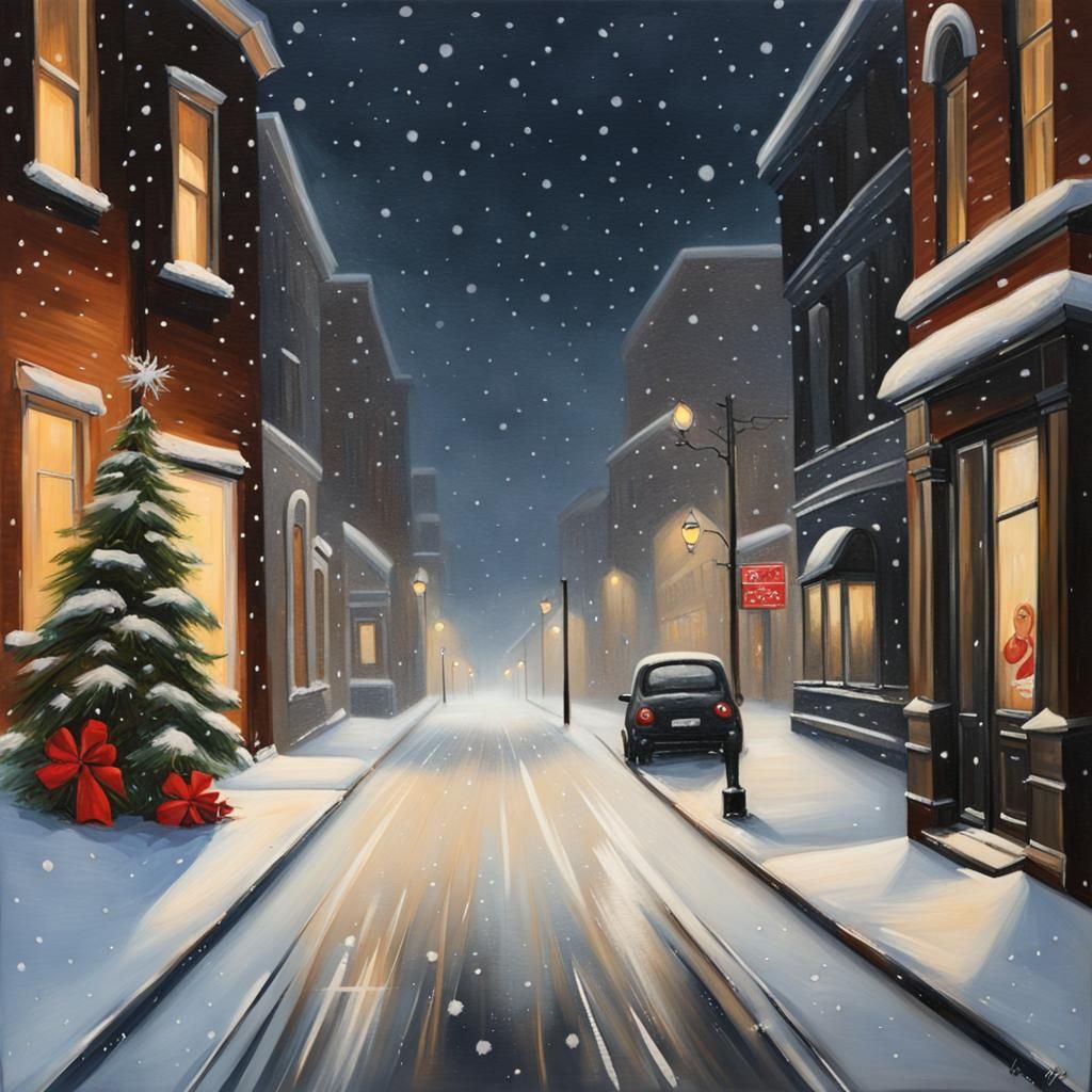 Snowy Christmas Street at Night in Realism Art