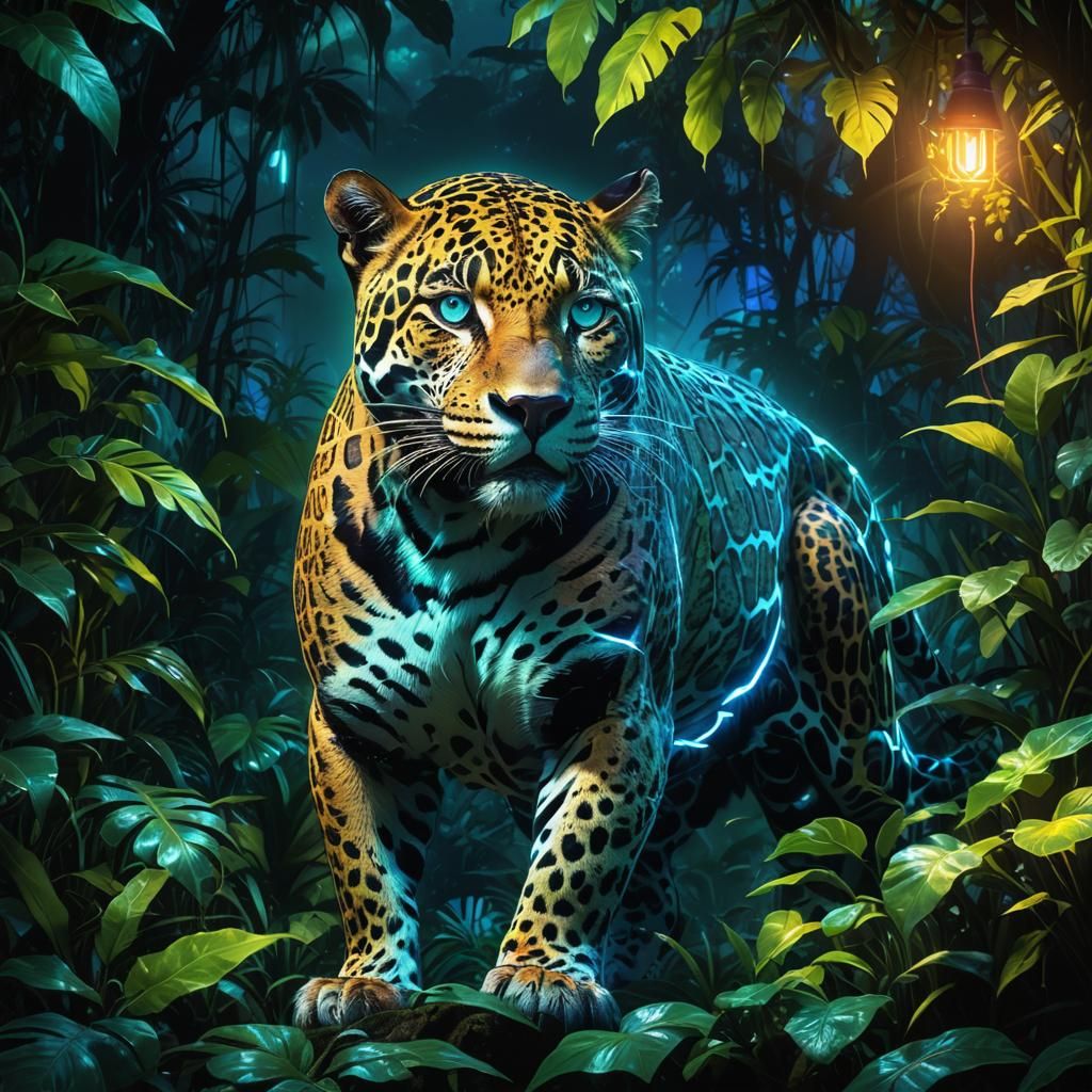 Neon Jaguar in Fluorescent Jungle: 80s Digital Art
