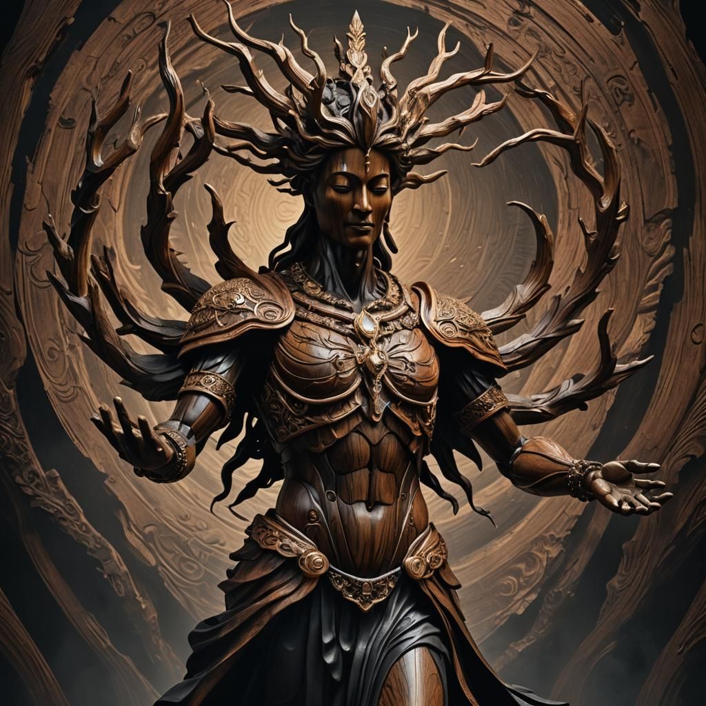 Multi-Armed Wooden Statue in Spiritual Surrealism Style