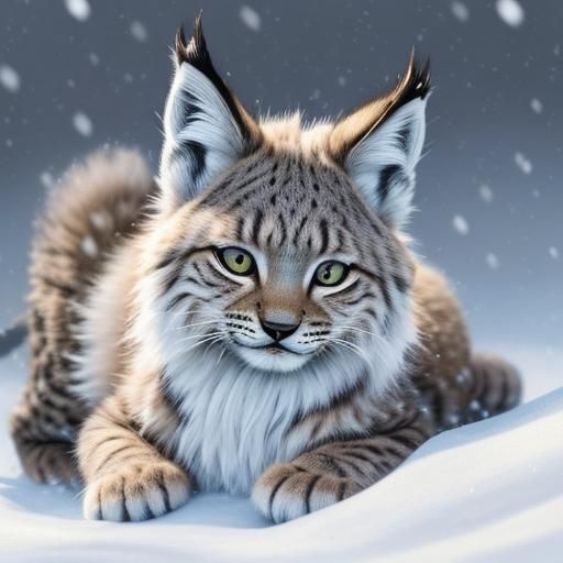 Cute Lynx Kitten Playing in Snow: Wildlife Illustration