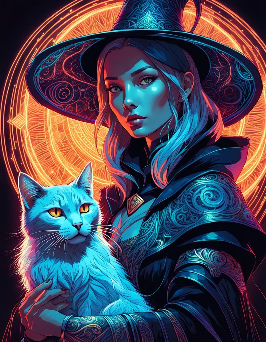 Neon Witch Portrait with Cat in Digital Art Style