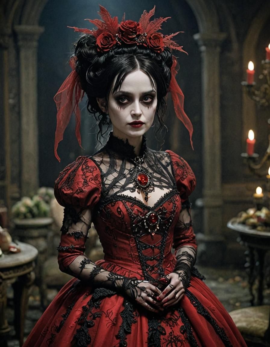 Lydia Deetz in Red Wedding Dress, Dark Fantasy Style