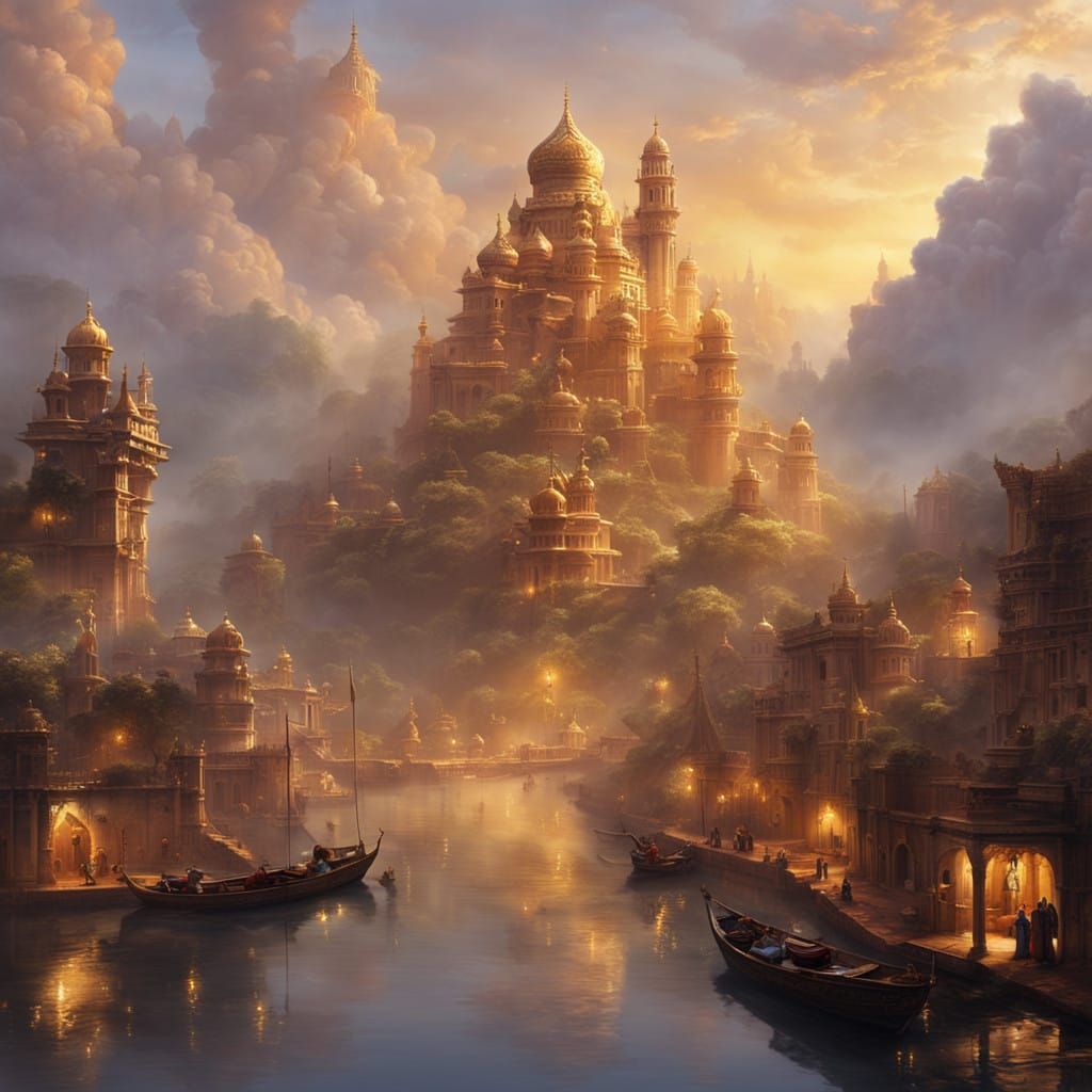 Medieval Floating City with Golden Drill Bit Towers in Ether...