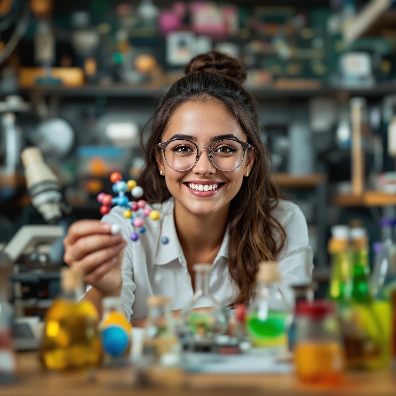 Enthusiastic Woman with Science Gear Portrait
