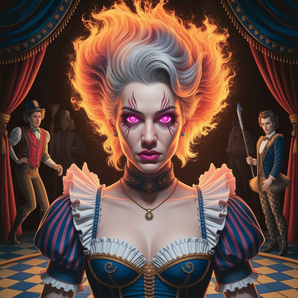 Surreal Dark Circus Firebreather in Oil Painting Style