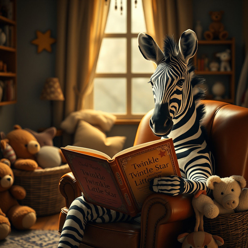 Zebra Reading Nursery Rhymes in Cozy Nursery