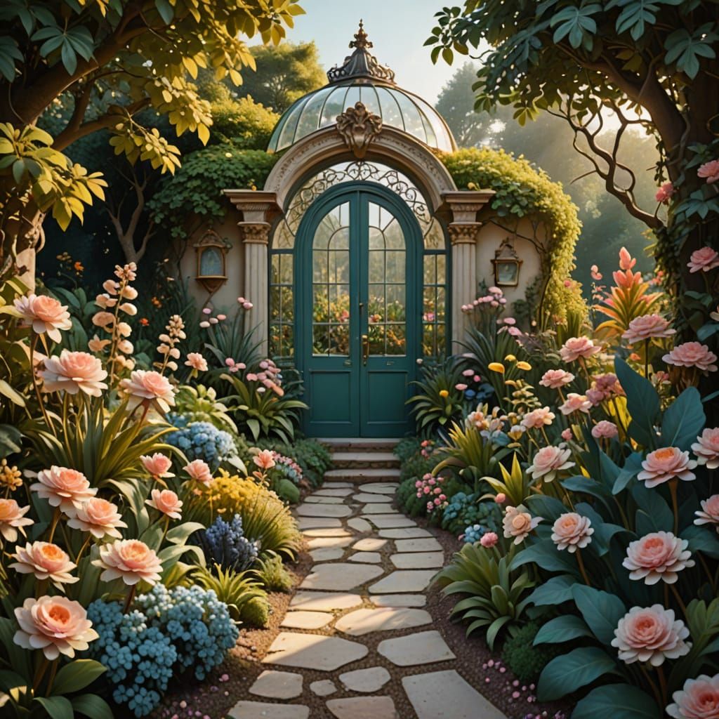 Rococo Garden Scene in Soft Pastel Hues