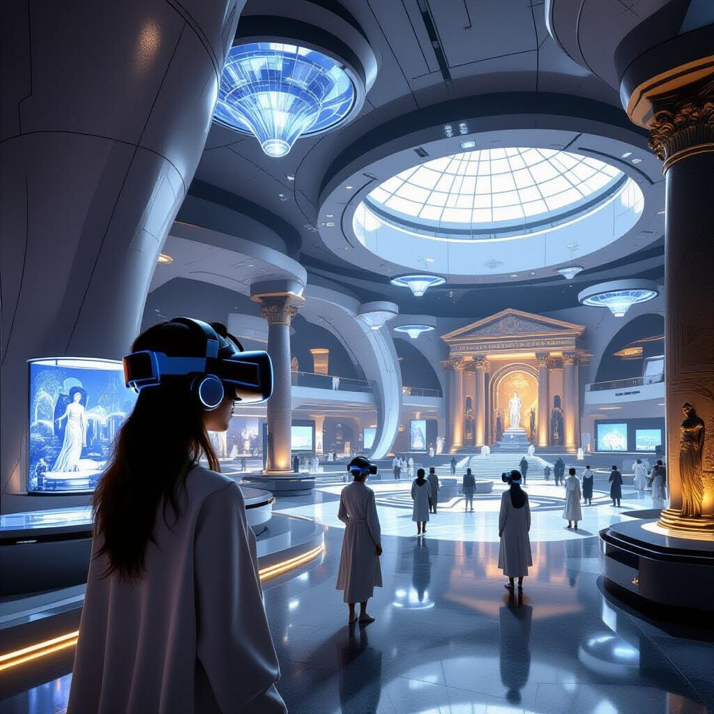 "Design a futuristic AI-powered museum that allows visitors ...