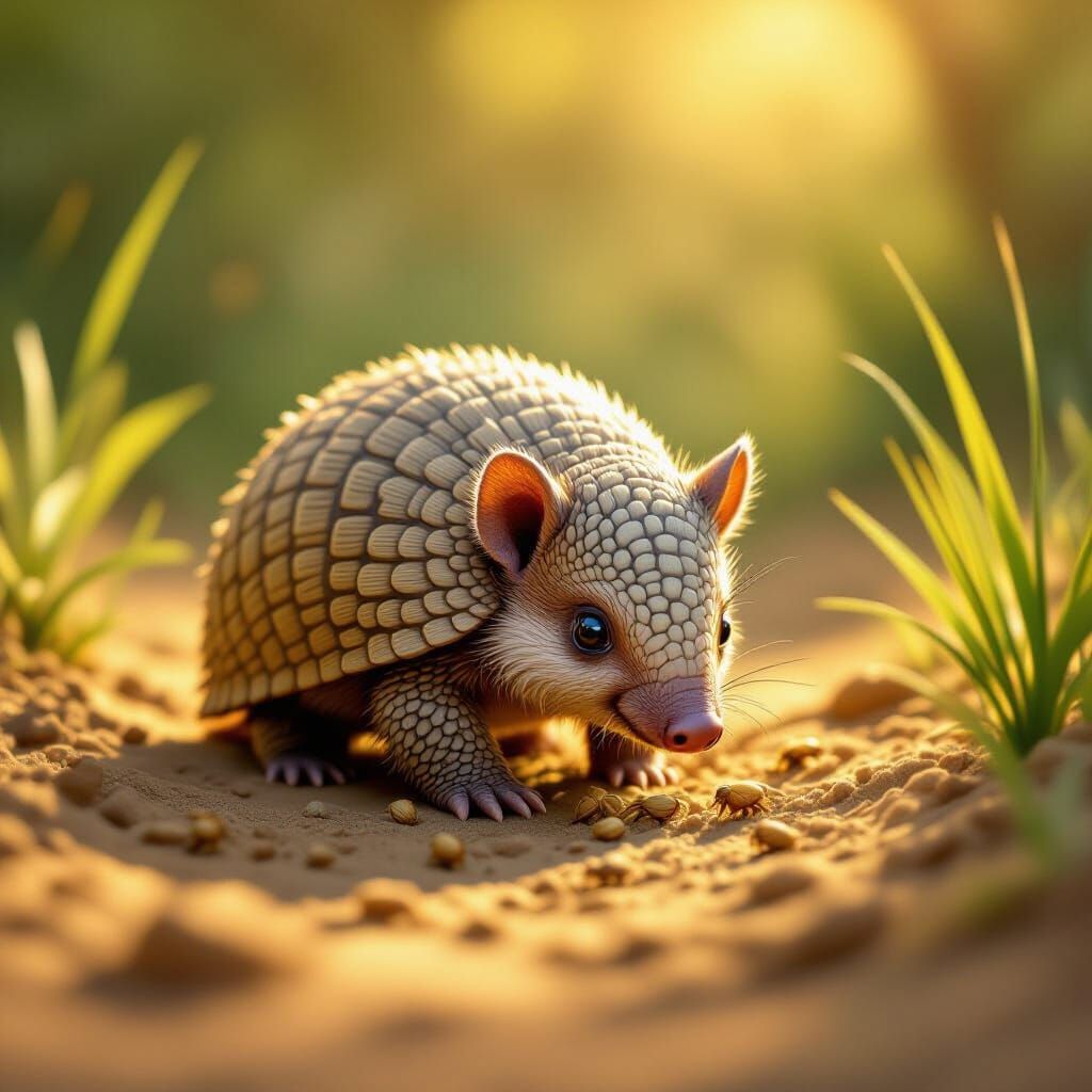 Charming Baby Armadillo Foraging in Golden Hour Light