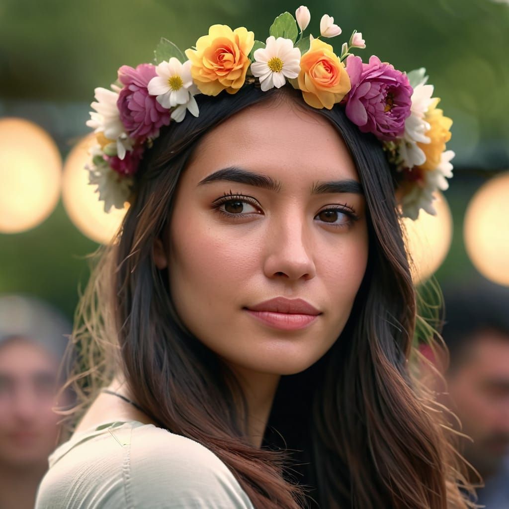 Young Woman with Flower Crown in Photorealistic Style