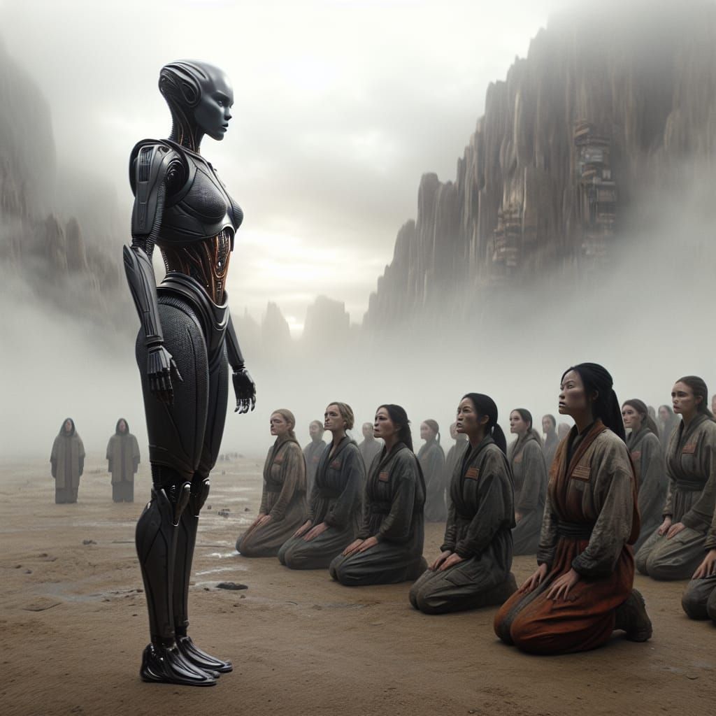 Desolate Android Guardian in Hyperrealistic Sci-Fi Landscape