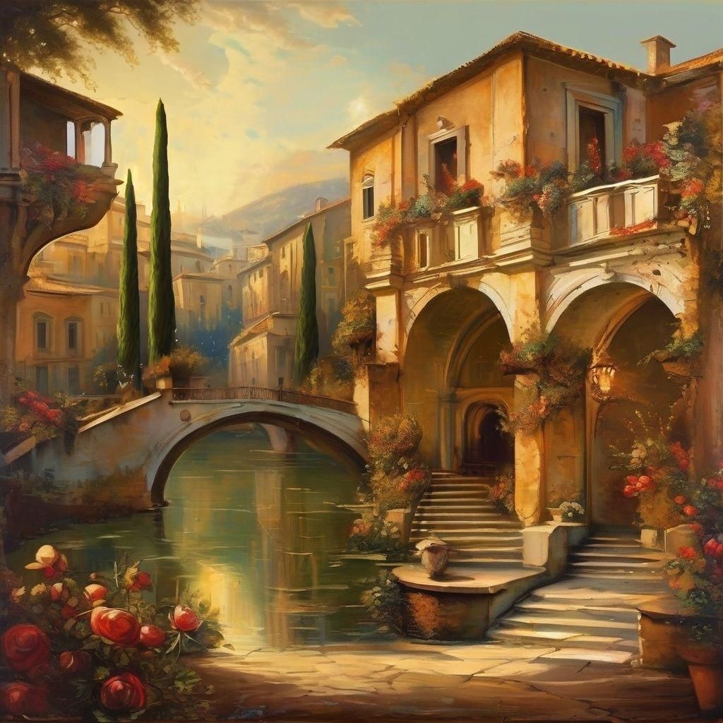 Italian Renaissance Town in Oil Painting Style