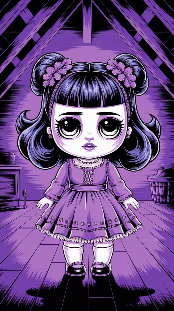 Ethereal Chibi Doll in Dimly Lit Attic Scene