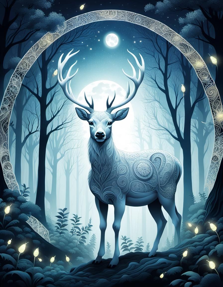 Luminous White Deer in Enchanted Forest: Surreal Digital Art
