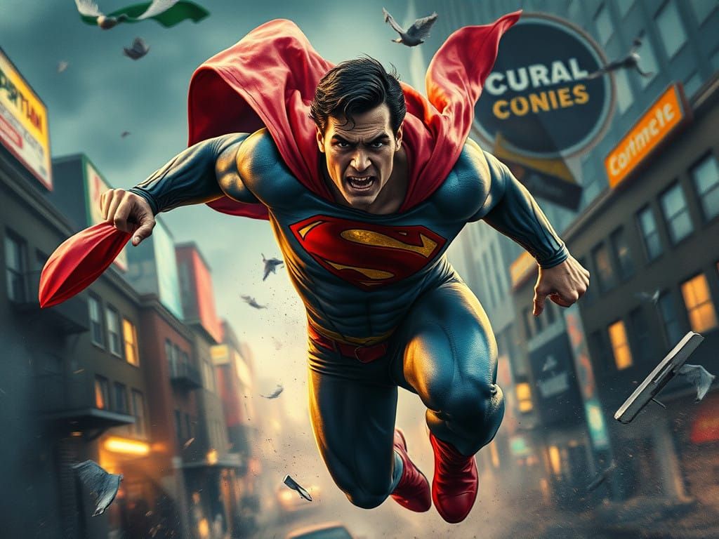 Ethereal Superman Leaps into Battle in a Vibrant, Dark Fanta...