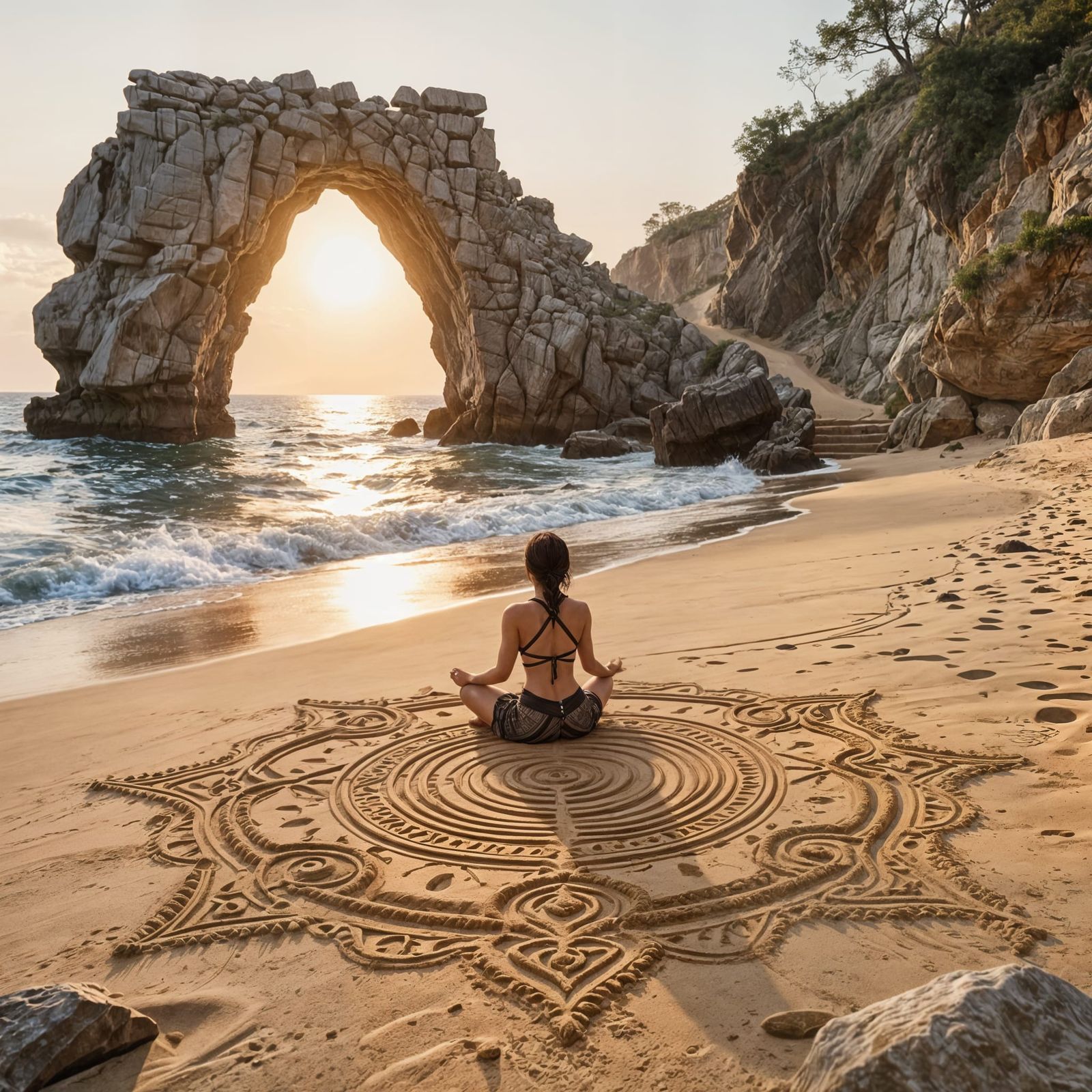 Person Meditating on Beach in Epic 3D Game Cinematic Style