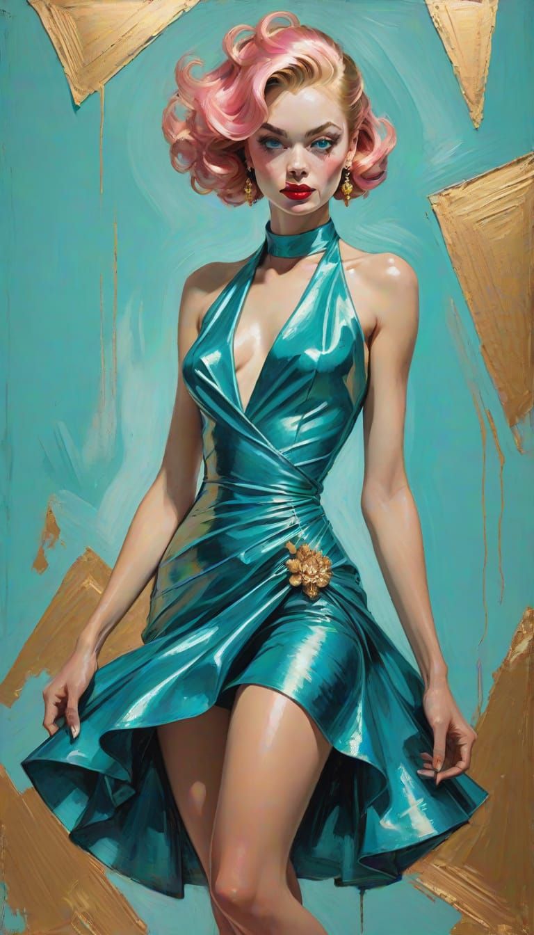 Pin-Up Woman in Metallic Cyan Dress, Hollywood Glamour Style