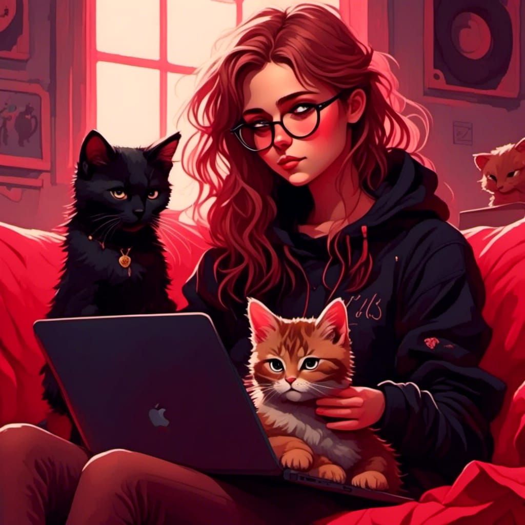 Cute Girl with Cat and Red Laptop