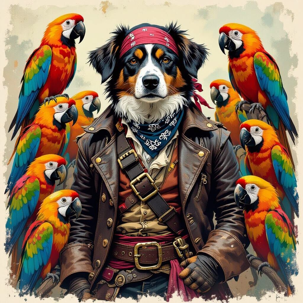 Dog Pirate Surrounded by Parrots in Steadman Style
