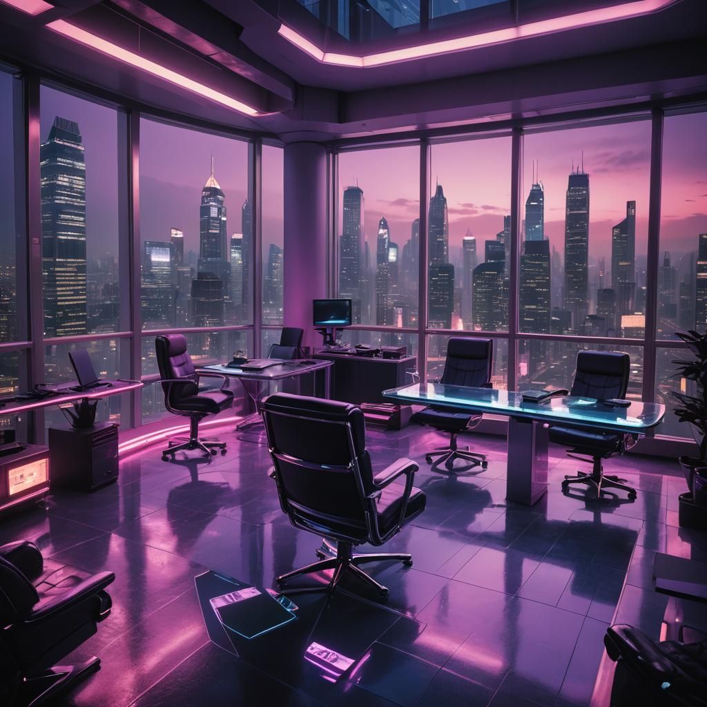 Retro-Futuristic Office in Cyberpunk Cityscape