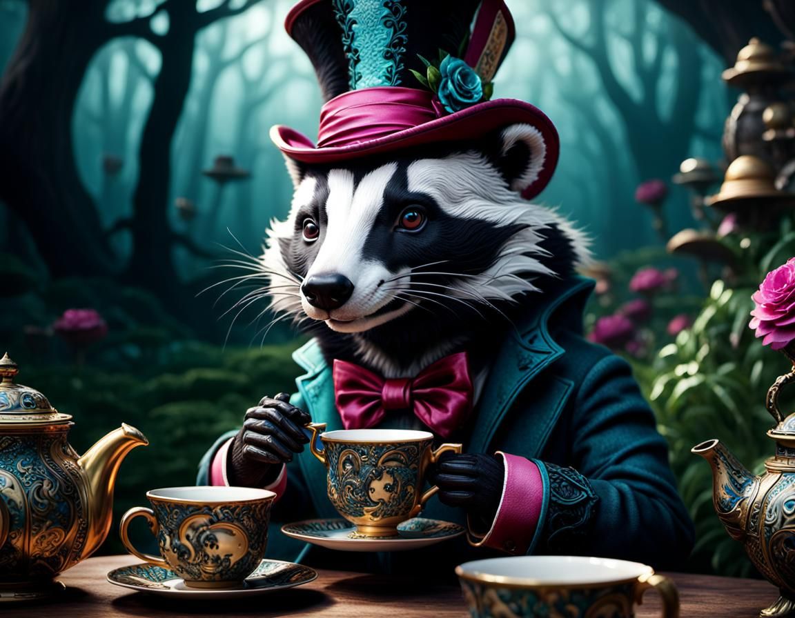 Badger's Tea Party in Wonderland: 8k Masterpiece