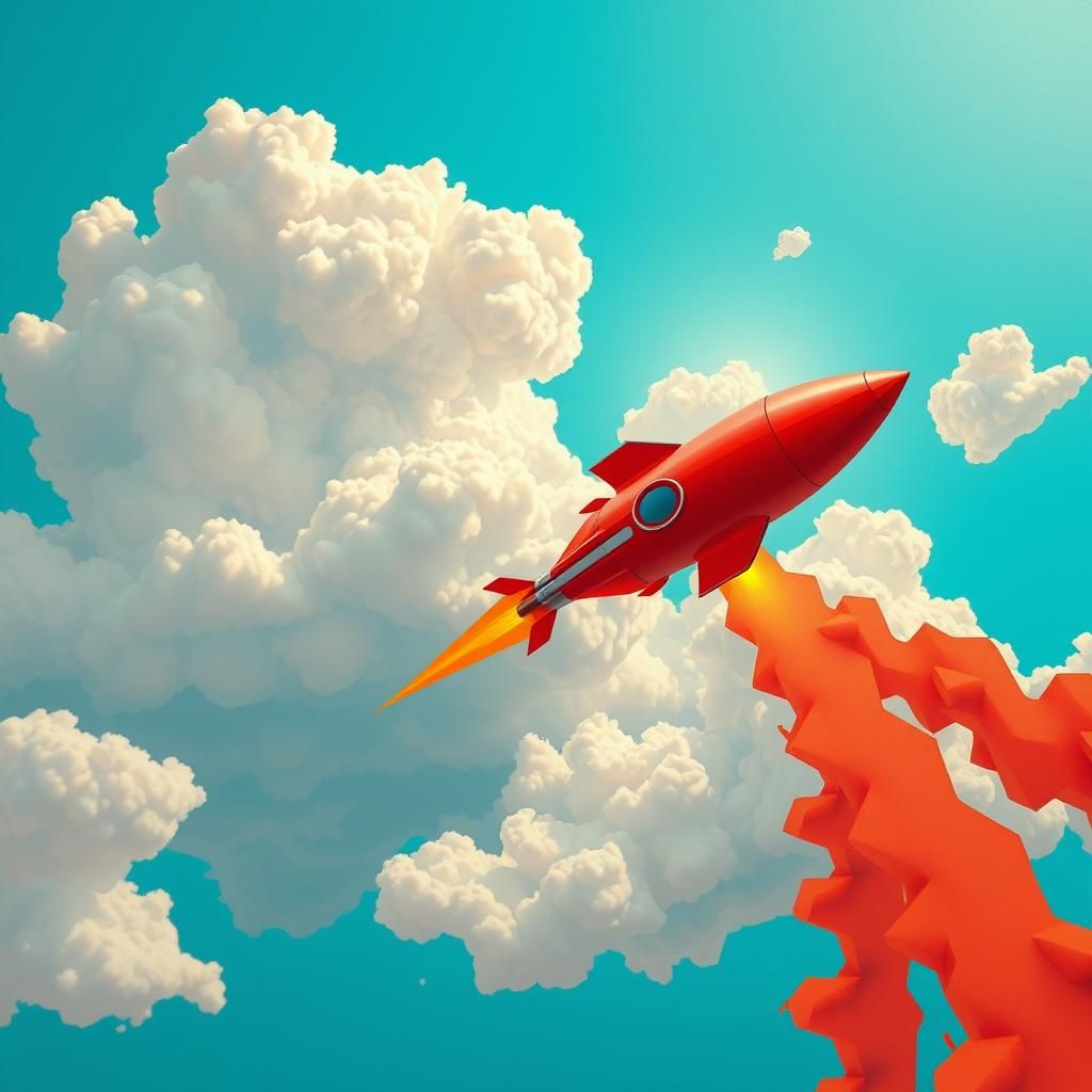 Crimson Rocket Soaring Through Cerulean Sky