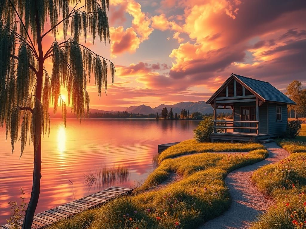 Sunset Lakeside Scene in Digital Impressionist Style