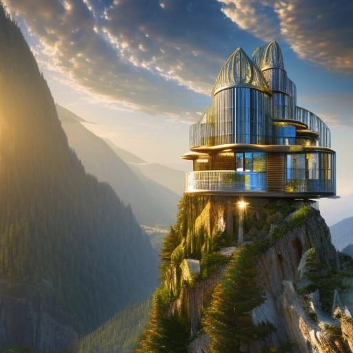 Mountaintop Glass Villa in Art Nouveau Style