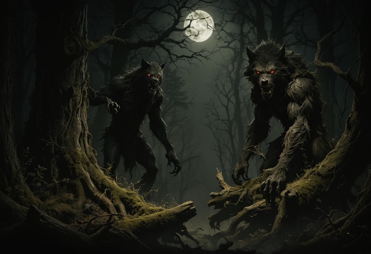 Terrifying Werewolf in Spooky Dark Fantasy Forest