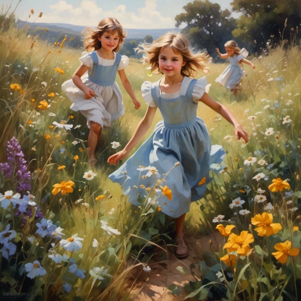 Young sisters playing hide and seek among the wildflowers
