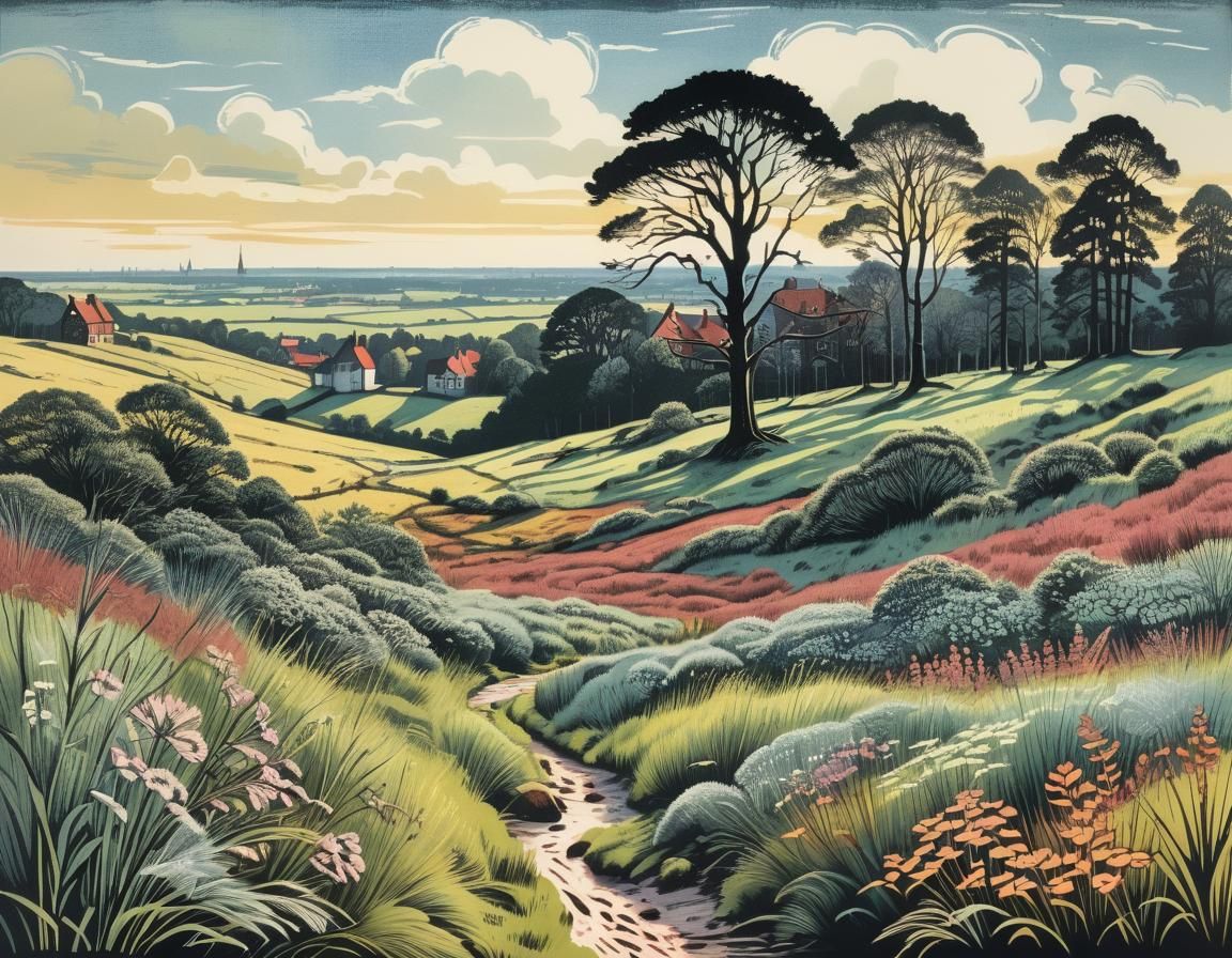 Lüneburg Heath Village as Hand-Colored Linoprint