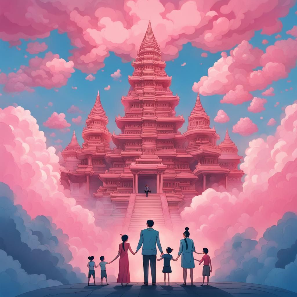 Celebratory Embrace in a Blue Temple with Pink Clouds