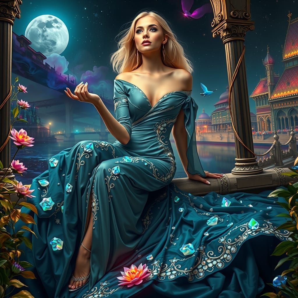 Glamorous Woman Conjures Moon in Fantasy Field