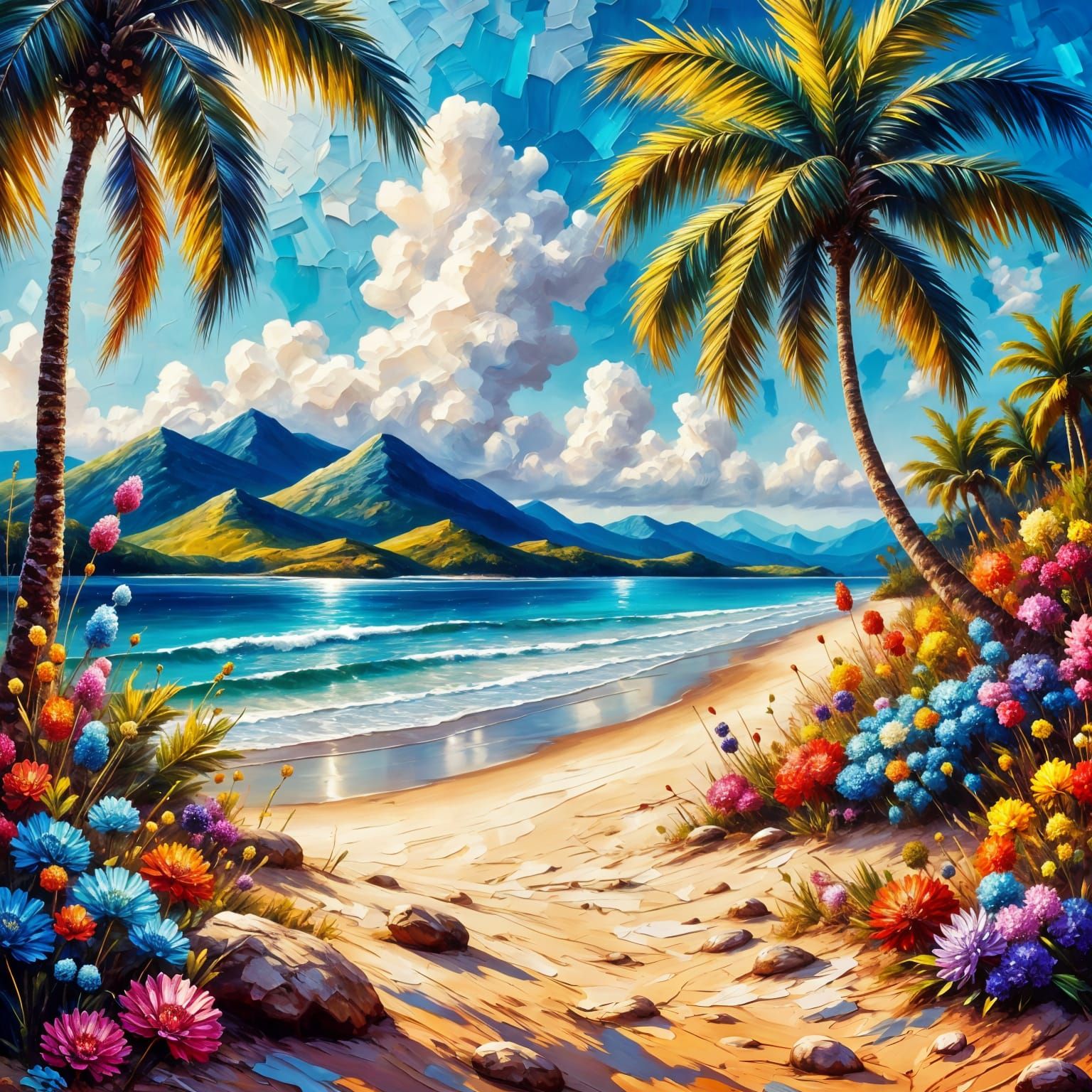 Vibrant Tropical Oasis in Thick Impasto Oil Painting