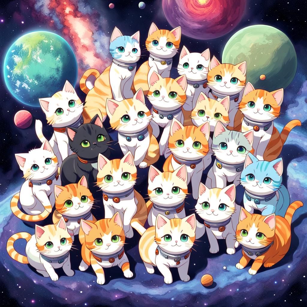 Colorful Space Cats in Anime Style