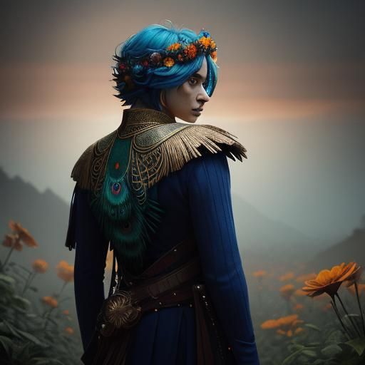Peacock Woman with Flower Crown in Cinematic Style