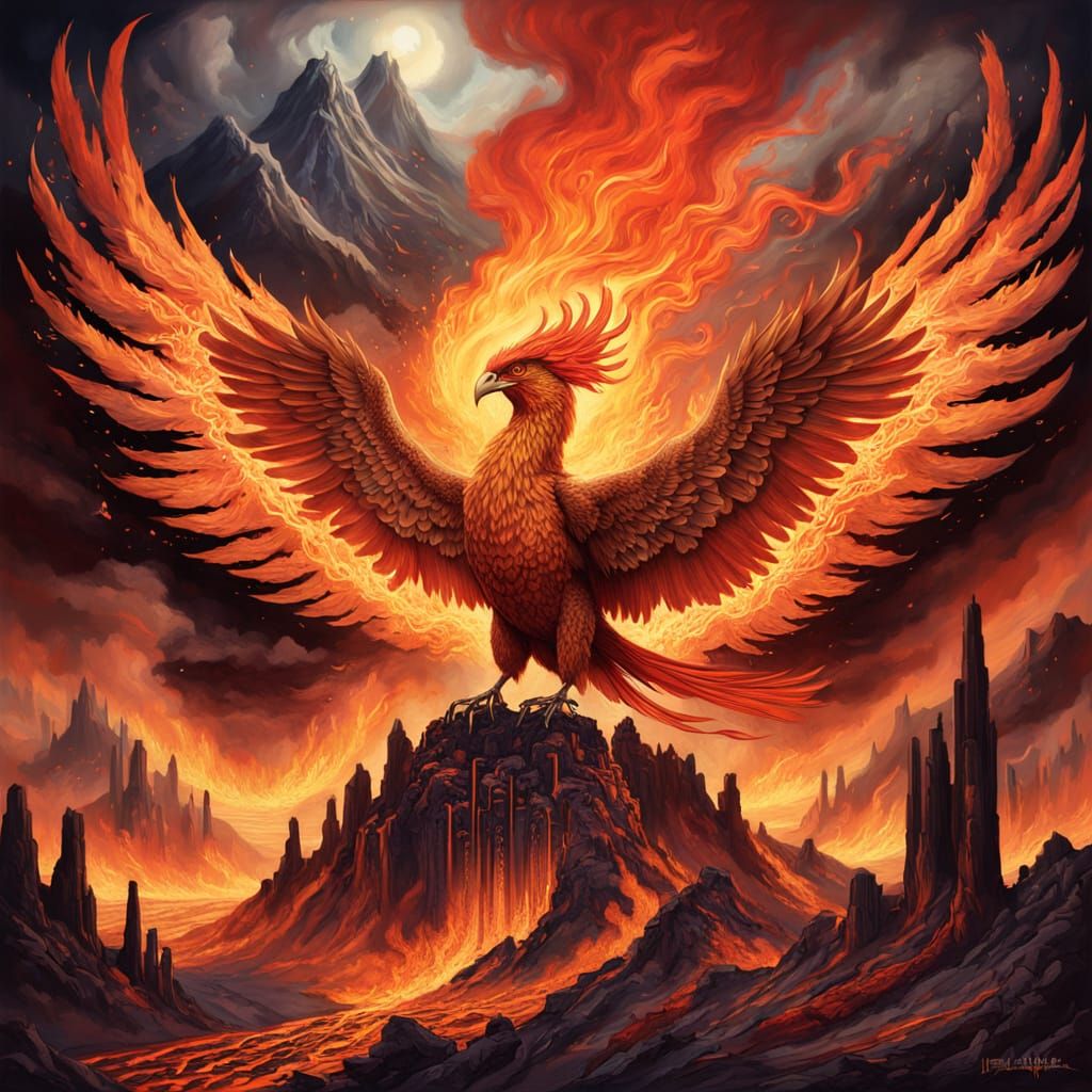 Phoenix Rising from Volcanic Ash, Hyperrealistic Art