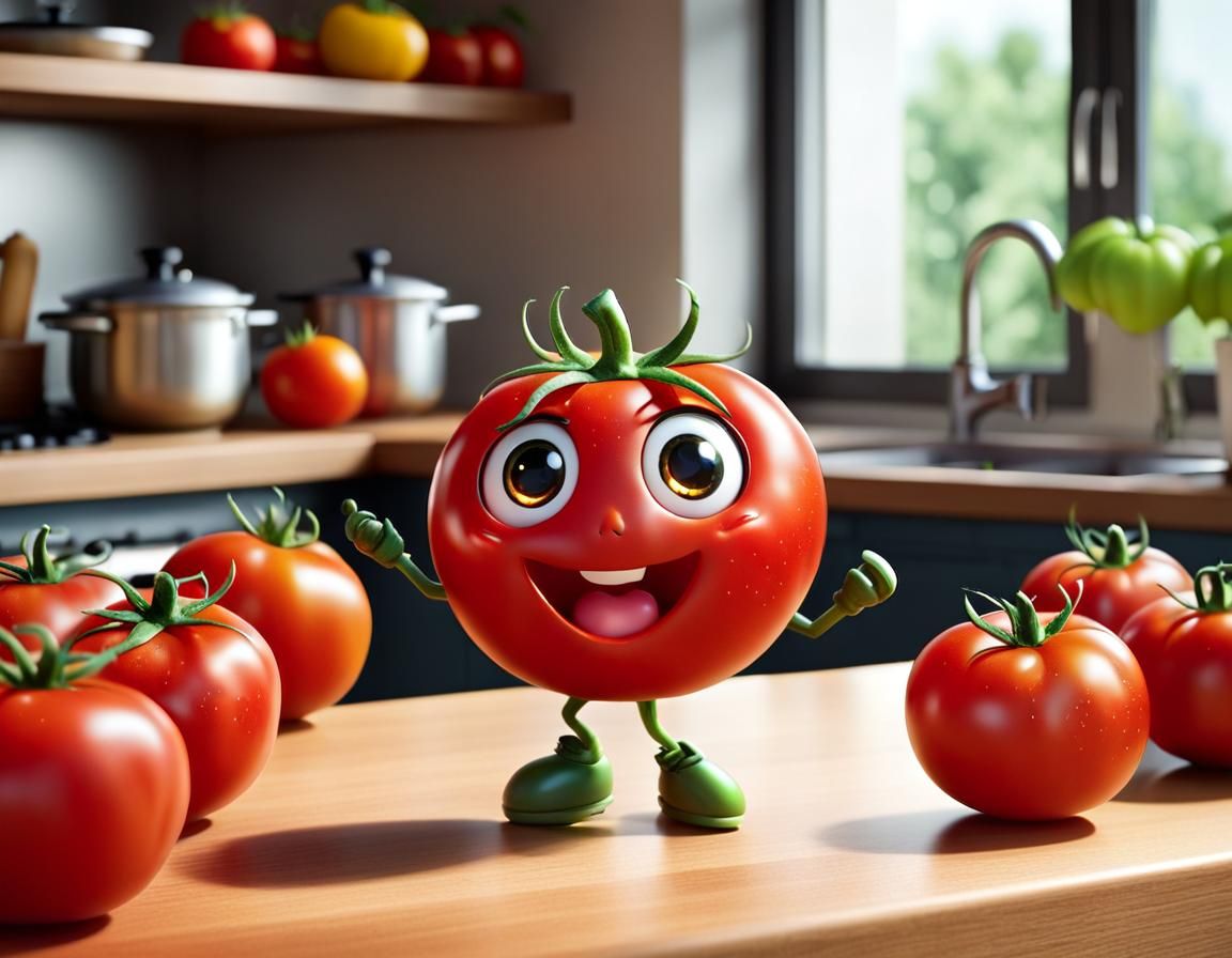 Dancing Chibi Tomato on a Kitchen Table in Anime Style