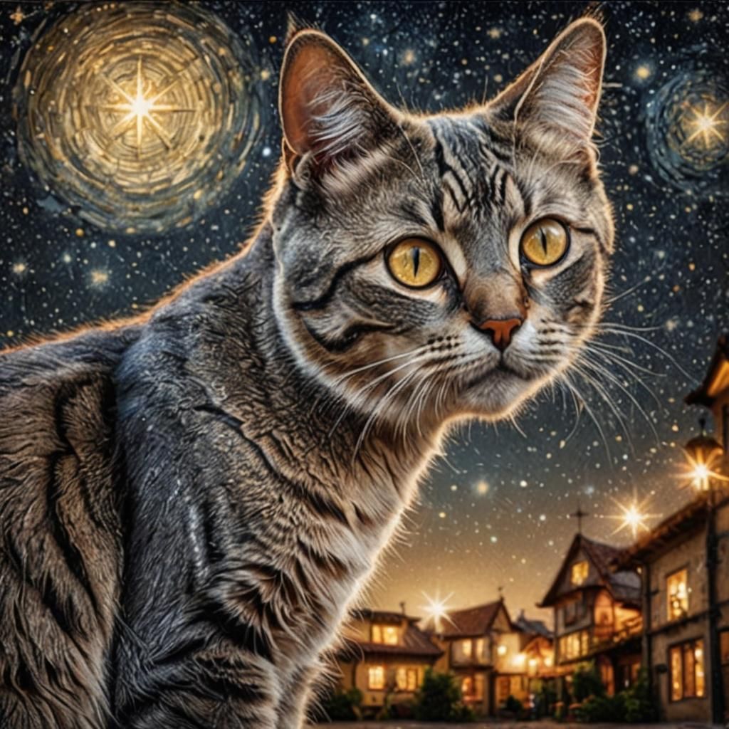 Cat Enjoys Starry Night in Hyperrealistic Style