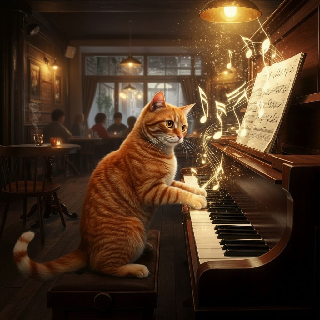 Ginger Cat Plays Piano in Cozy Cafe
