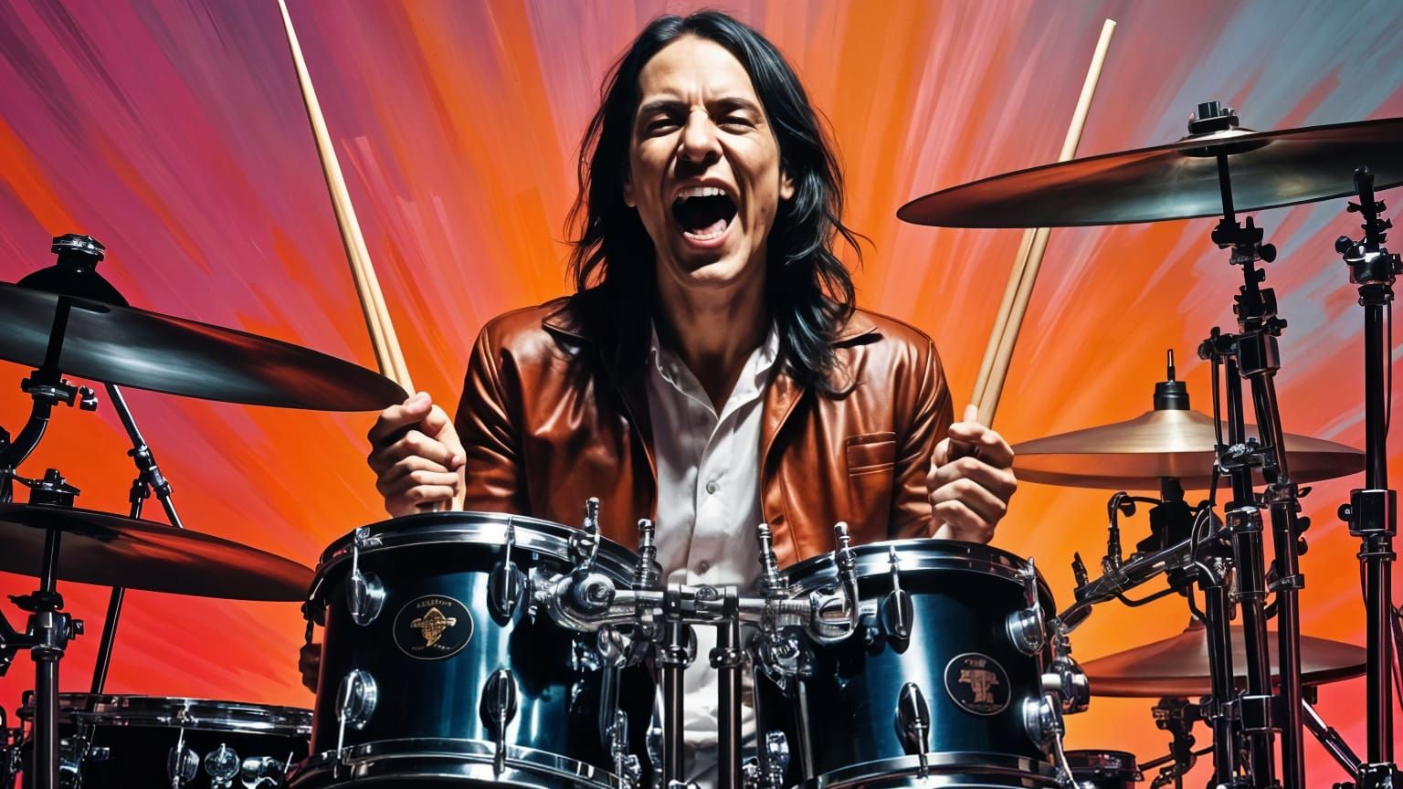 Rock Drummer in Action, Hyperrealistic Splash Art