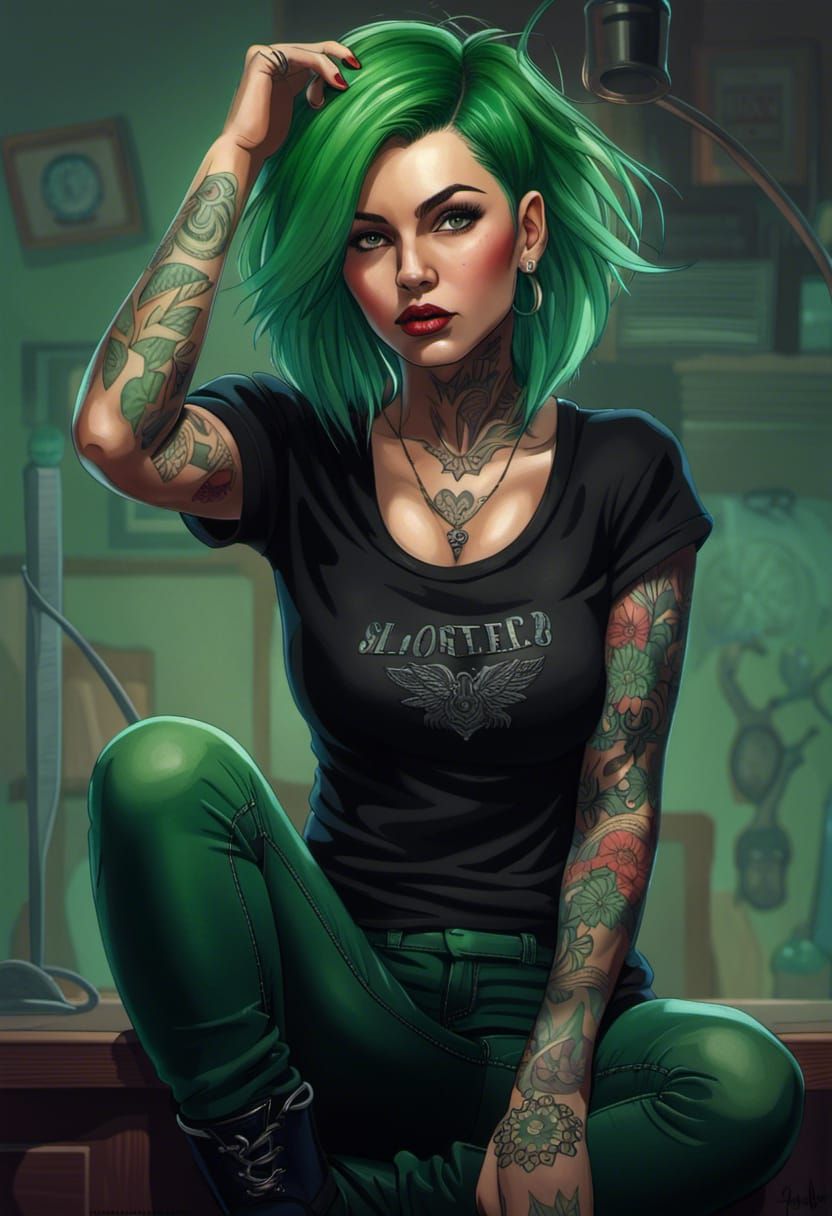 Green-Haired Woman with Tattoos: Hyperrealistic Illustration