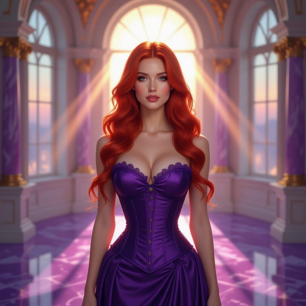 Ginger Haired Woman in Purple Corset in Heavenly Room