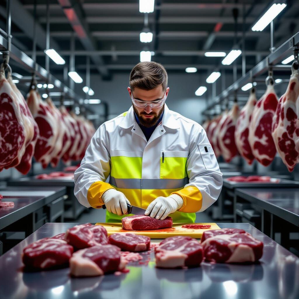 Photorealistic Beef Processing Scene in Factory