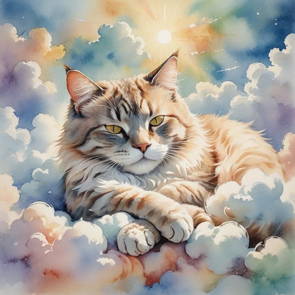 Dreamy Cat Napping on Cloud in Watercolor