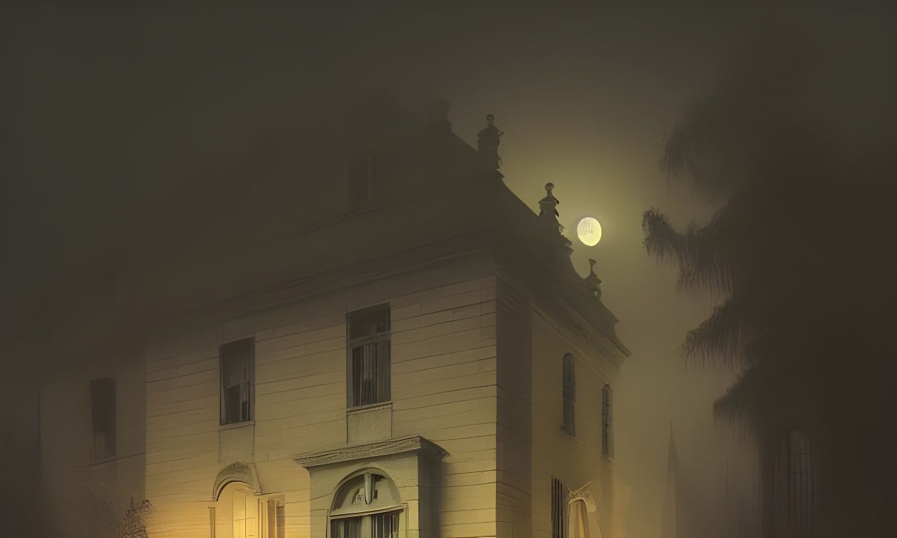 Old mansion, Halloween decorations, moon, foggy, trending on...