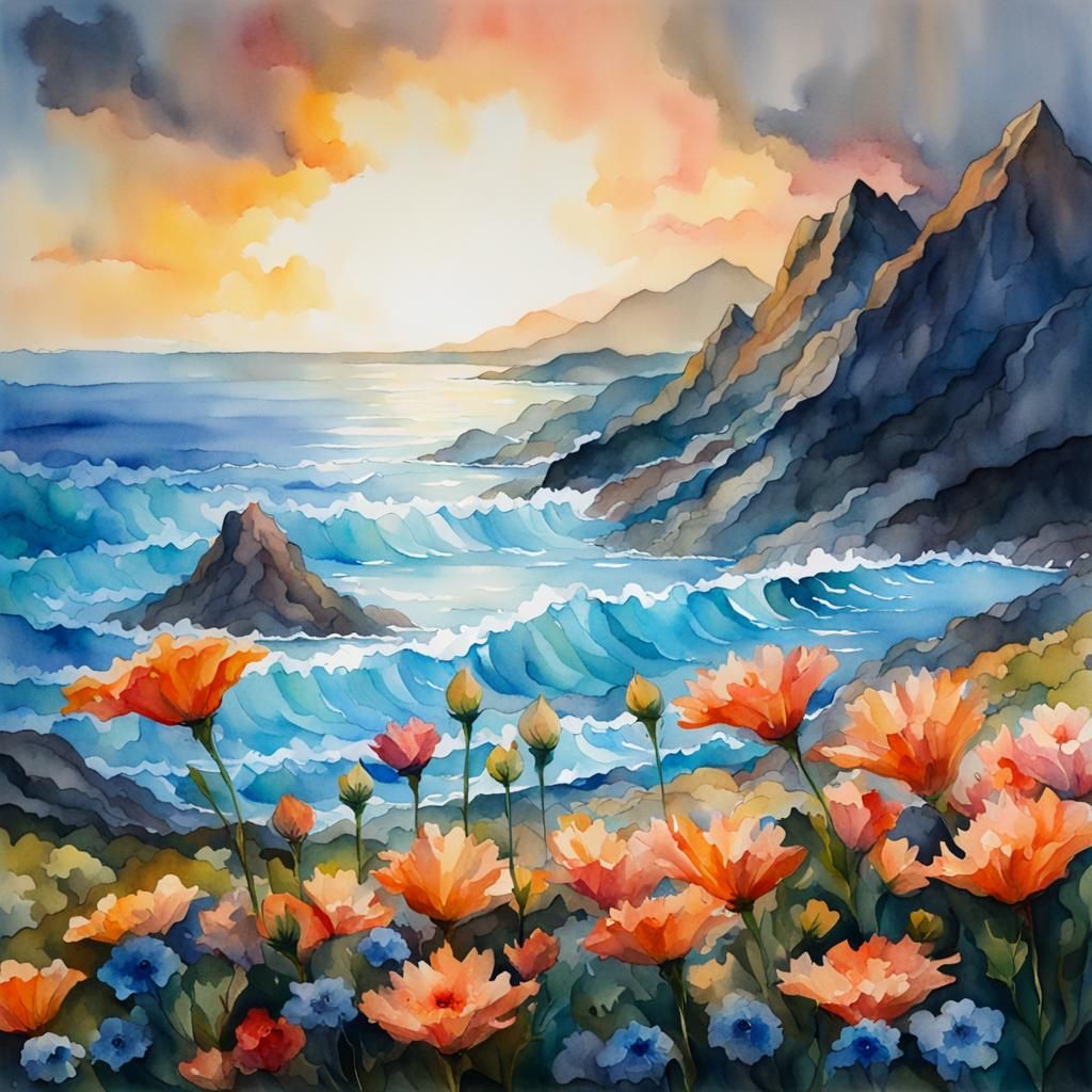 Watercolor Flowers and Mountains by the Ocean